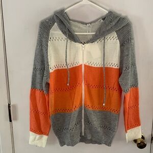 Made with Heart grey white orange stripe zipper front sweater with hood Size S